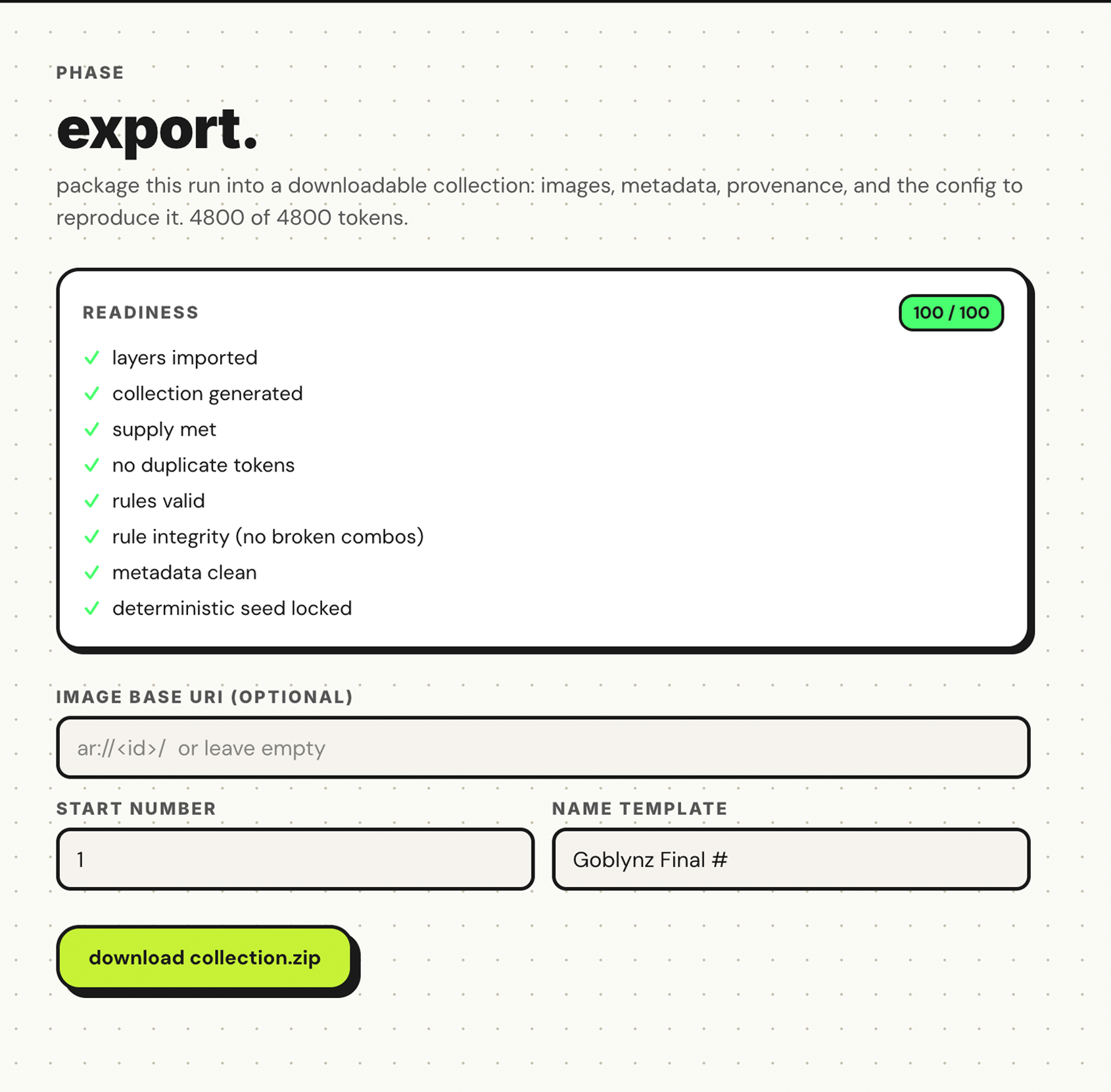 the mintiez export screen with a readiness checklist and a download button